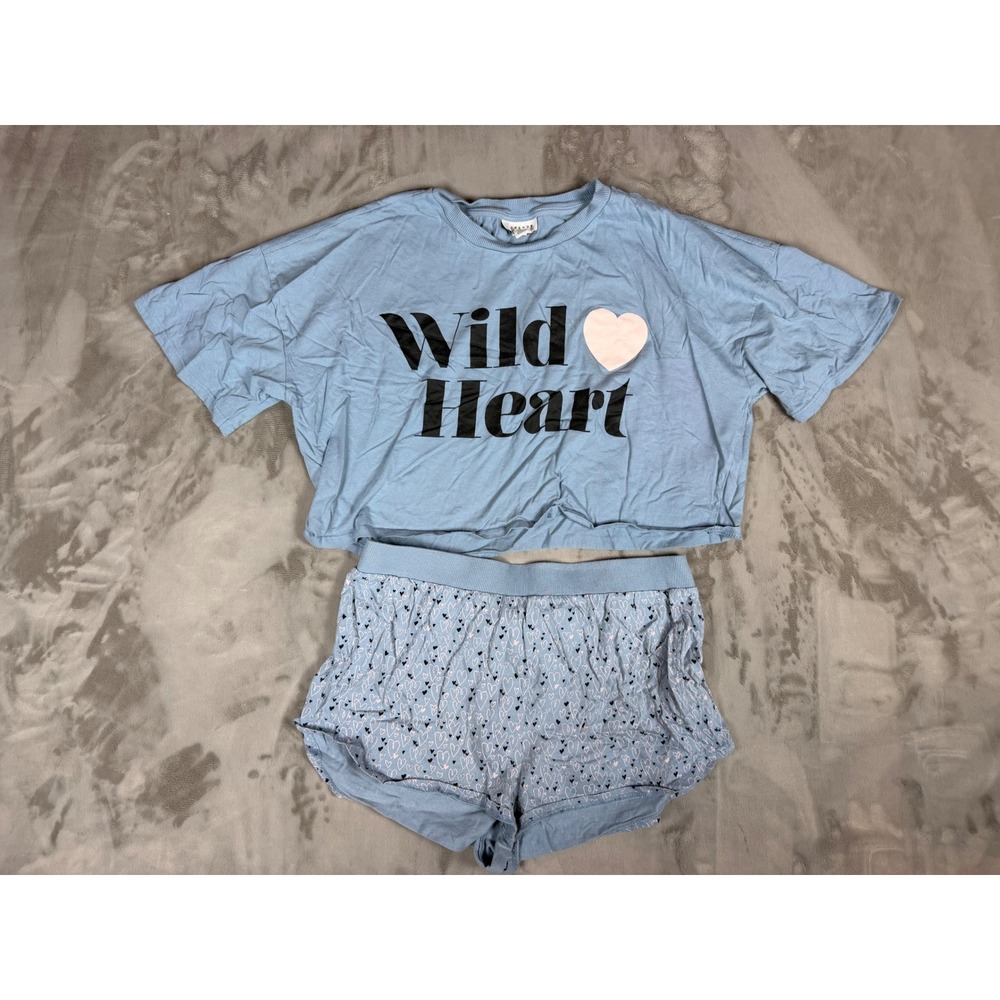 Topshop Wild Heart Blue Pajama Set Crop Top and Heart Print Shorts Medium